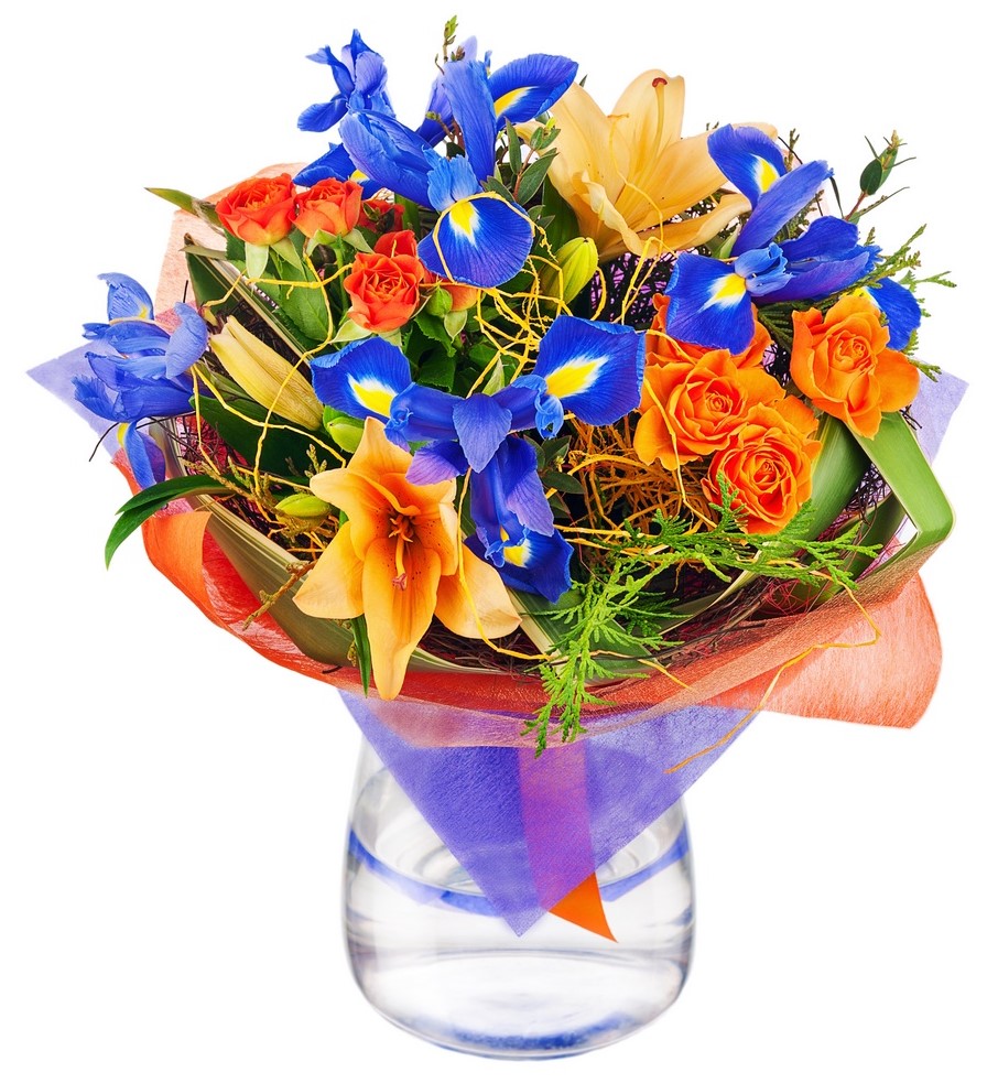 bouquet iris bleu et fleurs orange