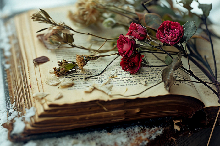 livre et fleurs en hiver