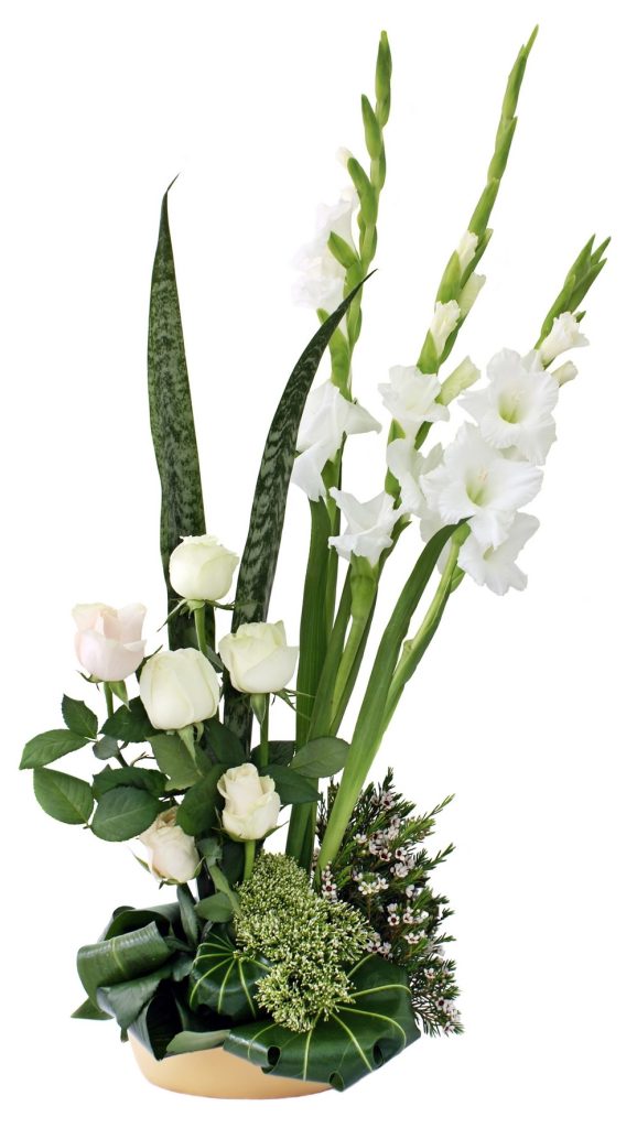 composition ikebana avec des glaïeuls blancs